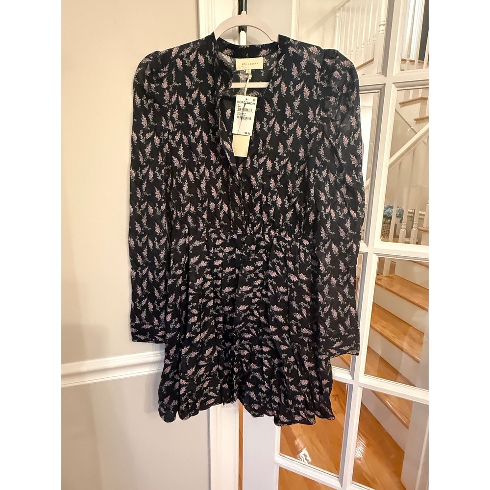 Melloday Womens Black Pink Floral Long Sleeve Mini Dress NWT Small MSRP $99